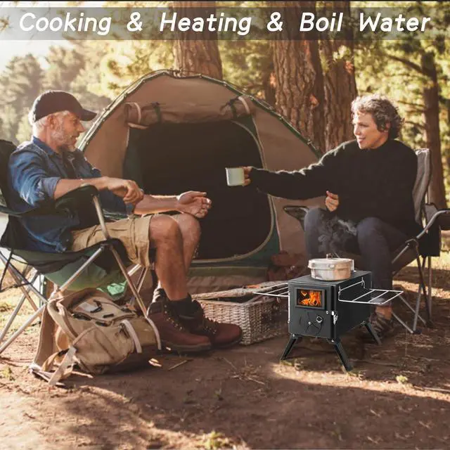 Alt view image 5 of 7 - HOPUBUY Wood Stove Hot Tent Stove, Portable Camping Wood Burning Stove for Outdoor Cooking, Small Wood Stove with 7 Stainless Chimney Pipes and Tent Stove Jack