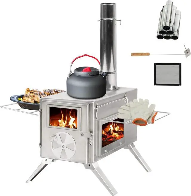 Main image of Camping Tent Stove Portable Wood Burning Stove with Window and 6 Chimney Pipe Side Racks 2 Grates for Tent Shelter and Cooking Heating Silver