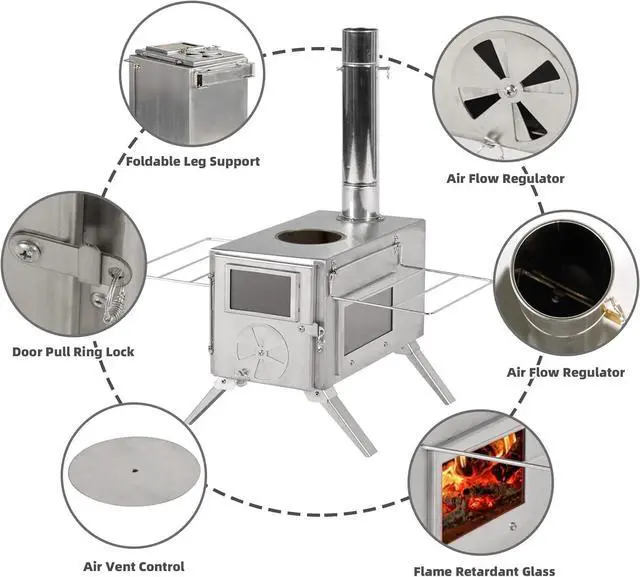 Alt view image 4 of 7 - Camping Tent Stove Portable Wood Burning Stove with Window and 6 Chimney Pipe Side Racks 2 Grates for Tent Shelter and Cooking Heating Silver