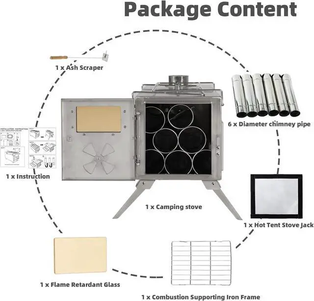 Alt view image 5 of 7 - Camping Tent Stove Portable Wood Burning Stove with Window and 6 Chimney Pipe Side Racks 2 Grates for Tent Shelter and Cooking Heating Silver