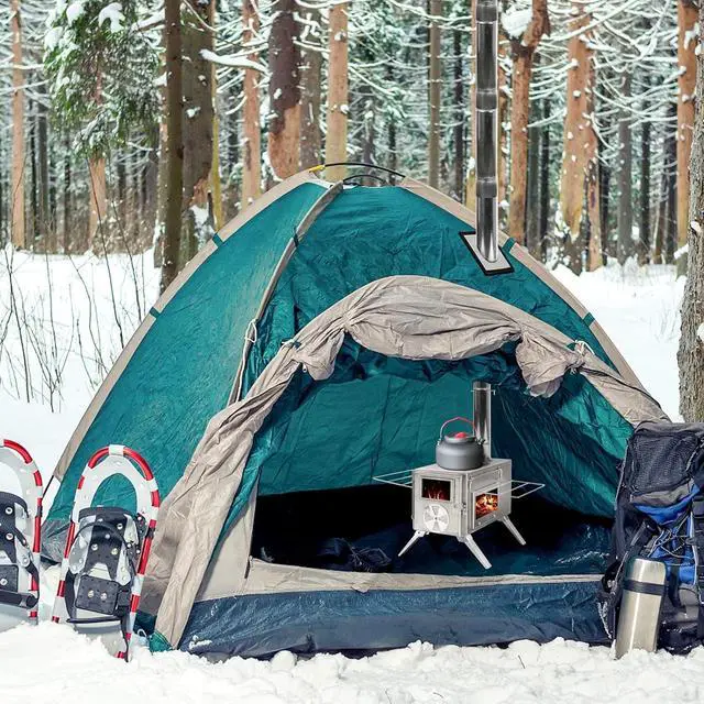 Alt view image 7 of 7 - Camping Tent Stove Portable Wood Burning Stove with Window and 6 Chimney Pipe Side Racks 2 Grates for Tent Shelter and Cooking Heating Silver