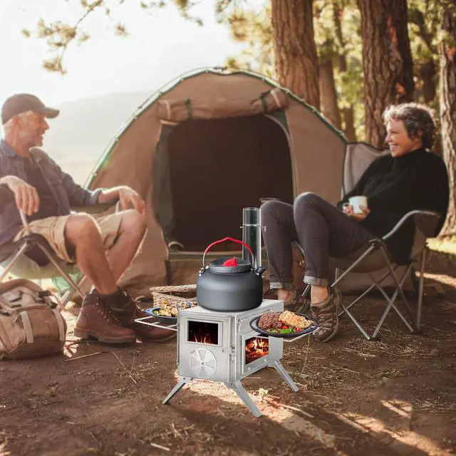 Alt view image 2 of 7 - Camping Tent Stove Portable Wood Burning Stove with Window and 6 Chimney Pipe Side Racks 2 Grates for Tent Shelter and Cooking Heating Silver