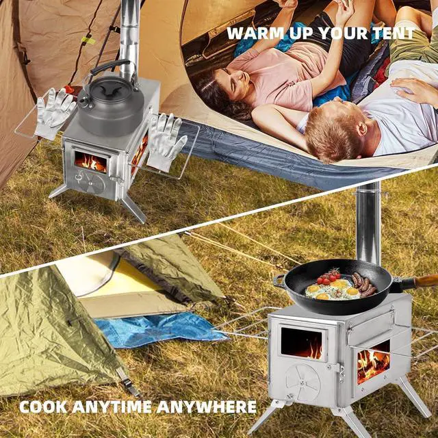 Alt view image 3 of 7 - Camping Tent Stove Portable Wood Burning Stove with Window and 6 Chimney Pipe Side Racks 2 Grates for Tent Shelter and Cooking Heating Silver