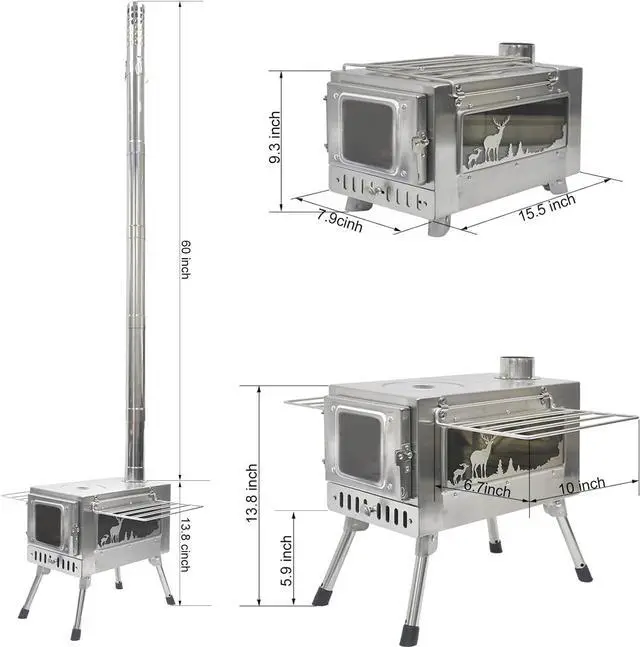 Alt view image 3 of 7 - Outdoor Wood Burning Stove, Portable with Chimney Pipe for Cooking, Camping, Tent, Hiking, Fishing, Backpacking