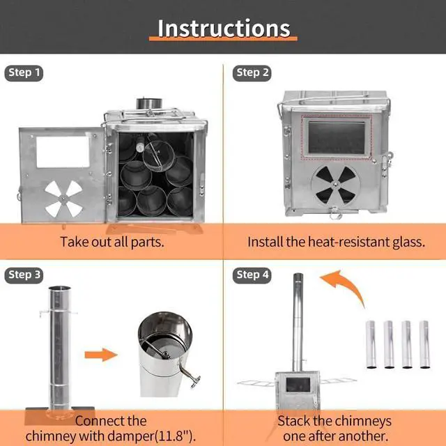 Alt view image 4 of 7 - MC TOMOUNT Tent Stove Portable Wood Burning Stove 304 Stainless Steel for Camping Hunting 6feet Pipes Included