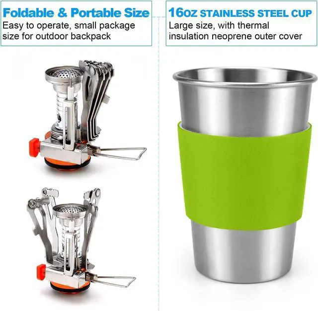 Alt view image 4 of 7 - Odoland Camping Cookware Stove Carabiner Canister Stand Tripod and Stainless Steel Cup, Tank Bracket, Fork Spoon Kit for Backpacking, Outdoor Camping Hiking and Picnic