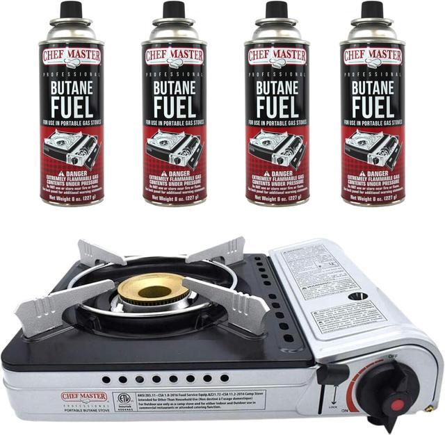 Main image of Chef Master 90235 Butane Countertop Stove Combination Pack | Includes 4 x 8 oz. Tins of Butane Fuel | 12,000 BTU | Portable, with Carry Case | 1 Click Ignition | Double Wind Guard