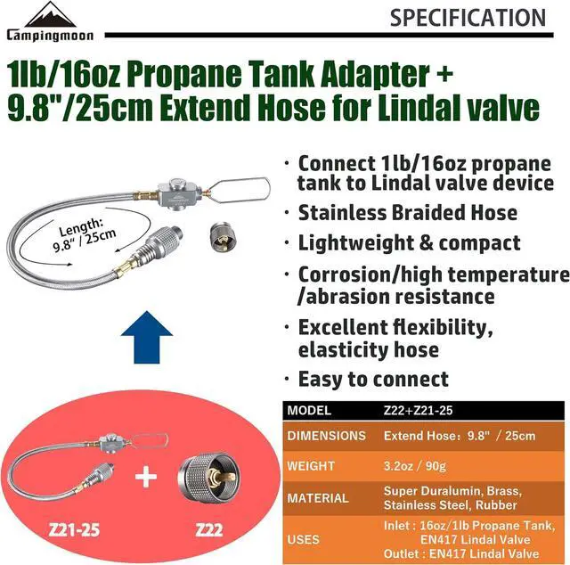 Alt view image 2 of 6 - CAMPINGMOON Propane to Butane Camping Stove Adapter with Hose Valve Convert 16oz/1Lb Small Propane Tank to EN417 Lindal Valve Z22/Z21