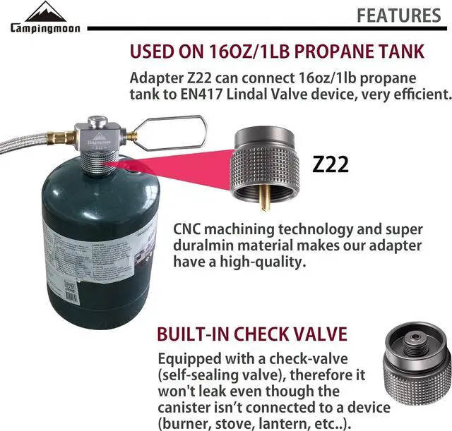 Alt view image 3 of 6 - CAMPINGMOON Propane to Butane Camping Stove Adapter with Hose Valve Convert 16oz/1Lb Small Propane Tank to EN417 Lindal Valve Z22/Z21