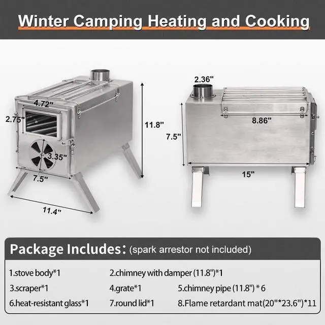 Alt view image 5 of 7 - MC TOMOUNT Tent Stove Portable Wood Burning Stove 304 Stainless Steel for Camping Hunting 6feet Pipes Included