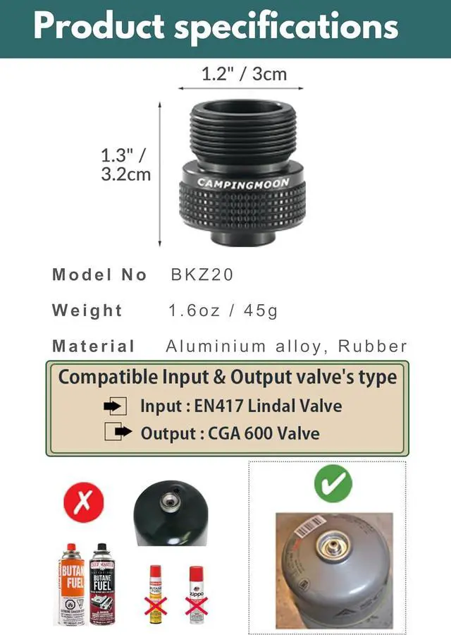 Alt view image 6 of 7 - CAMPINGMOON Camping Canister Propane Gas Stove Grill Adapter, Input: EN417 Lindal Valve Canister, Output: CGA 600 Connection BKZ20 (Black CGA 600 Adapter)
