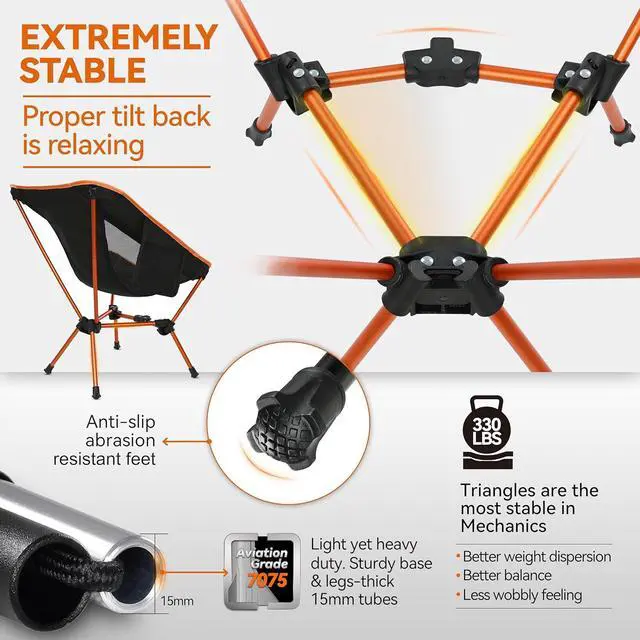Alt view image 3 of 6 - MARCHWAY Lightweight Folding Camping Chair, Stable Portable Compact for Outdoor Camp, Travel, Beach, Picnic, Festival, Hiking, Backpacking, Supports 330Lbs (Orange)