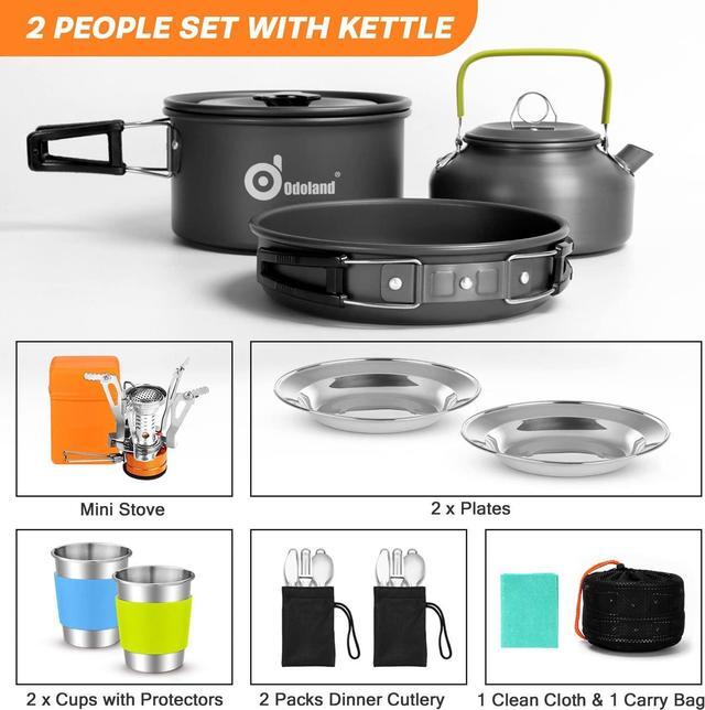Alt view image 2 of 7 - Odoland 16pcs Camping Cookware Set with Folding Camping Stove, Non-Stick Lightweight Pot Pan Kettle Set with Stainless Steel Cups Plates Forks Knives Spoons for Camping Backpacking Outdoor Picnic