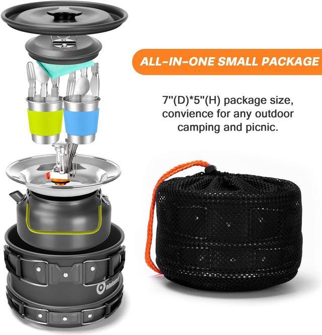 Alt view image 5 of 7 - Odoland 16pcs Camping Cookware Set with Folding Camping Stove, Non-Stick Lightweight Pot Pan Kettle Set with Stainless Steel Cups Plates Forks Knives Spoons for Camping Backpacking Outdoor Picnic