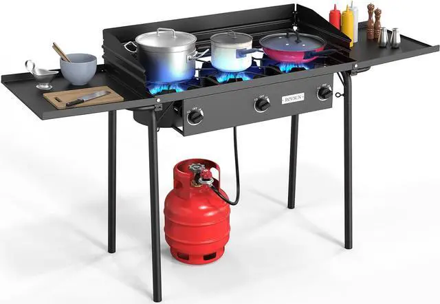 Main image of ROVSUN 3 Burner Gas Stove with 2 Side Shelves, 225,000BTU Portable Propane Stove with Removable Leg, Wind Panel, Regulator for Camping Home Backyard Outdoor Cooking Brewing Canning Turkey Frying