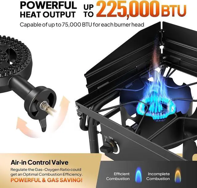 Alt view image 2 of 7 - ROVSUN 3 Burner Gas Stove with 2 Side Shelves, 225,000BTU Portable Propane Stove with Removable Leg, Wind Panel, Regulator for Camping Home Backyard Outdoor Cooking Brewing Canning Turkey Frying