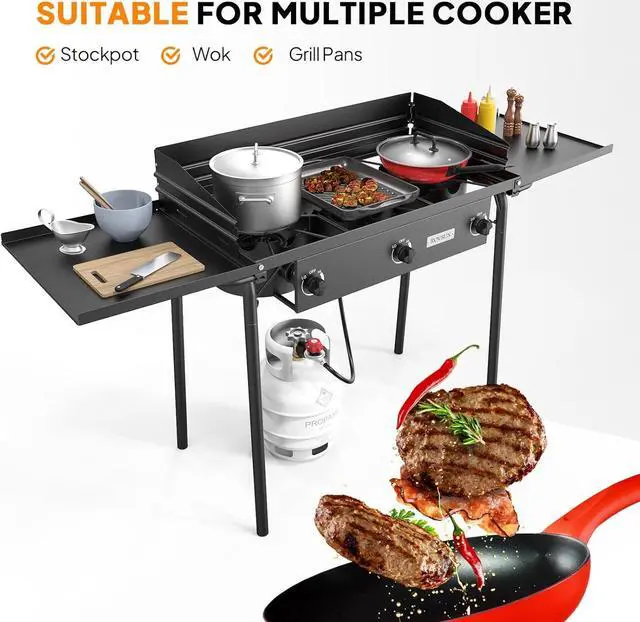 Alt view image 5 of 7 - ROVSUN 3 Burner Gas Stove with 2 Side Shelves, 225,000BTU Portable Propane Stove with Removable Leg, Wind Panel, Regulator for Camping Home Backyard Outdoor Cooking Brewing Canning Turkey Frying