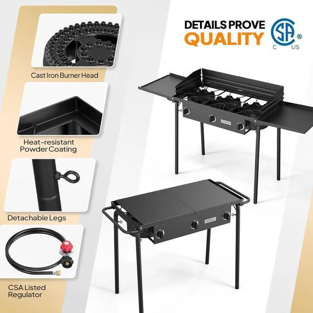 Alt view image 3 of 7 - ROVSUN 3 Burner Gas Stove with 2 Side Shelves, 225,000BTU Portable Propane Stove with Removable Leg, Wind Panel, Regulator for Camping Home Backyard Outdoor Cooking Brewing Canning Turkey Frying