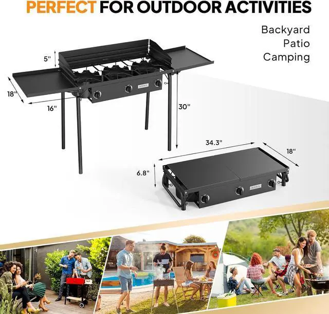 Alt view image 6 of 7 - ROVSUN 3 Burner Gas Stove with 2 Side Shelves, 225,000BTU Portable Propane Stove with Removable Leg, Wind Panel, Regulator for Camping Home Backyard Outdoor Cooking Brewing Canning Turkey Frying