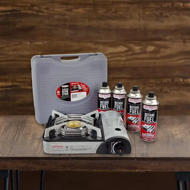 Alt view image 6 of 7 - Chef Master 90011 Portable Butane Stove | 10,000 BTU Outlet | Camp Kitchen Equipment | Emergency Stove | Hurricane Stove | Single Burner Camp Stove | Camping Cooking Stove + 4 Fuel Canisters