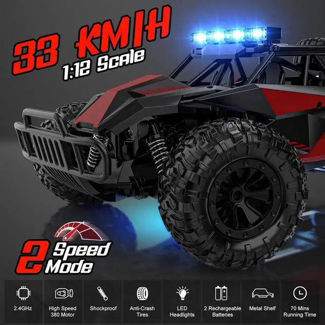 Alt view image 2 of 7 - BLUEJAY Remote Control Car - 2.4GHz High Speed 33KM/H RC Cars Toys, 1:12 Monster RC Truck Off Road with LED Headlight and Rechargeable Battery Gifts for Adults Boys 8-12