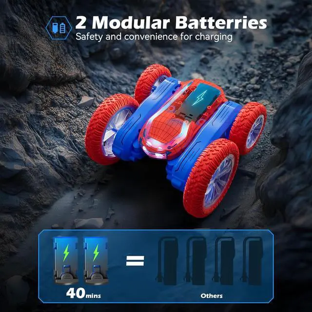 Alt view image 5 of 6 - Remote Control Car, Spider RC Car Toy for Boys Girls Kids 4-6 7-12, Stunt Car with 360 Rotating and Double Sided, LED Lights, Music, 2Modular Batteries 40Mins, Gifts for Birthday Christmas