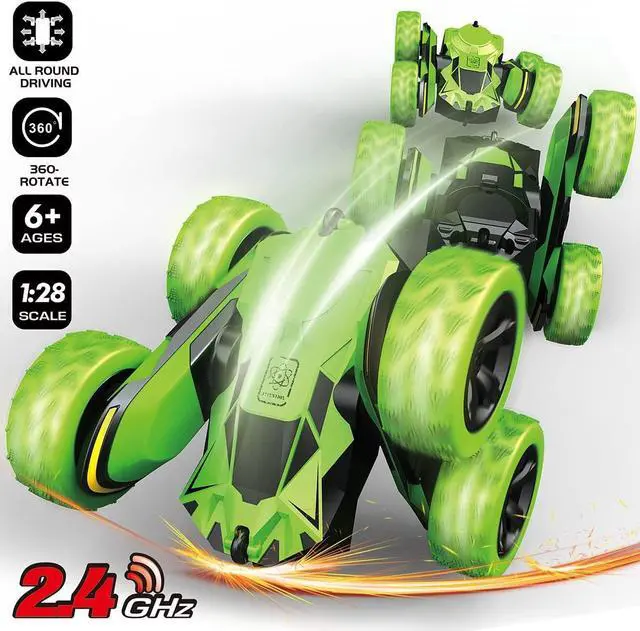 Alt view image 5 of 7 - Threeking RC Stunt Cars Remote Control Car Double-Sided Driving 360-degree Flips Rotating Car Toy, Green