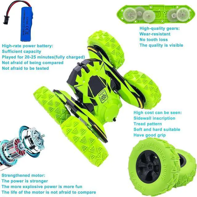 Alt view image 4 of 7 - Threeking RC Stunt Cars Remote Control Car Double-Sided Driving 360-degree Flips Rotating Car Toy, Green
