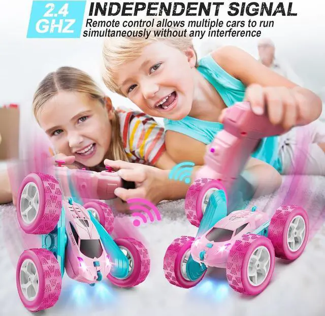 Alt view image 3 of 6 - RC Cars, Pink Remote Control Car for Girls, 2.4 GHZ Double Sided RC Stunt Car 360° Rotating Remote Control Crawler with Headlights Car Toys for 6 7 8 9 10 11 12 Girls Birthday