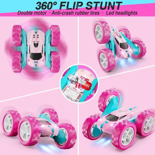 Alt view image 4 of 6 - RC Cars, Pink Remote Control Car for Girls, 2.4 GHZ Double Sided RC Stunt Car 360° Rotating Remote Control Crawler with Headlights Car Toys for 6 7 8 9 10 11 12 Girls Birthday