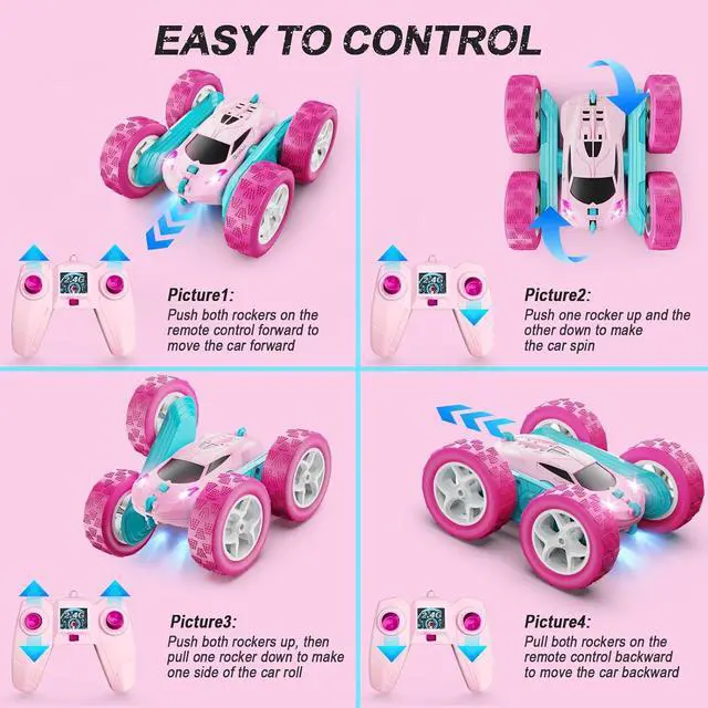 Alt view image 6 of 6 - RC Cars, Pink Remote Control Car for Girls, 2.4 GHZ Double Sided RC Stunt Car 360° Rotating Remote Control Crawler with Headlights Car Toys for 6 7 8 9 10 11 12 Girls Birthday