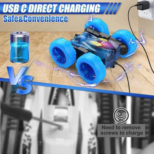Alt view image 2 of 7 - Remote Control Car,Rechargeable Fast Direct Charging RC Cars for Kids with Colorful Light,Double-Sided 360° Rotating RC Stunt Car 4WD RC Truck Car Toys for Ages 5-7 Gift for Boys Girls Ages 8-12 Blue