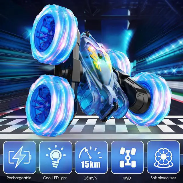 Alt view image 4 of 7 - Remote Control Car,Rechargeable Fast Direct Charging RC Cars for Kids with Colorful Light,Double-Sided 360° Rotating RC Stunt Car 4WD RC Truck Car Toys for Ages 5-7 Gift for Boys Girls Ages 8-12 Blue