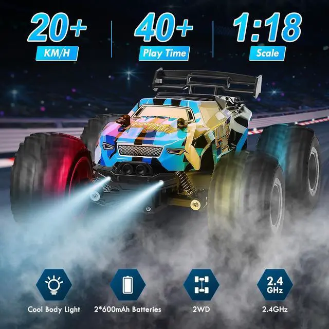 Alt view image 2 of 7 - Remote Control Car, Remote Control Truck, 2.4Ghz All Terrain Off-Road Monster Truck, 20 KM/H Rc Cars with LED Bodylight and 2 Rechargeable Batteries Toys for Boys Age 4-7 8-12