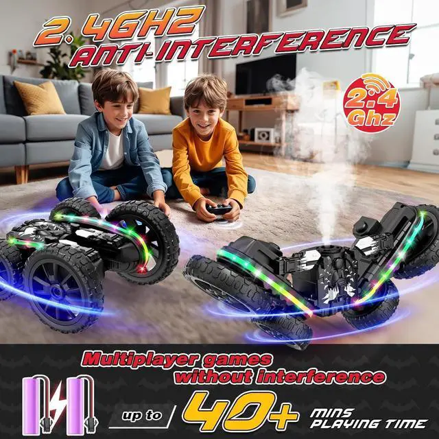 Alt view image 3 of 7 - Remote Control Car,RC Cars with Sides Light and Headlights,360°Rotating 4WD Off-Road RC Stunt Car,2.4Ghz All Terrain Toy Car for Boys Age 4-7 Kids Toy for 8-12 Boys Girls Birthday Gift(Black)