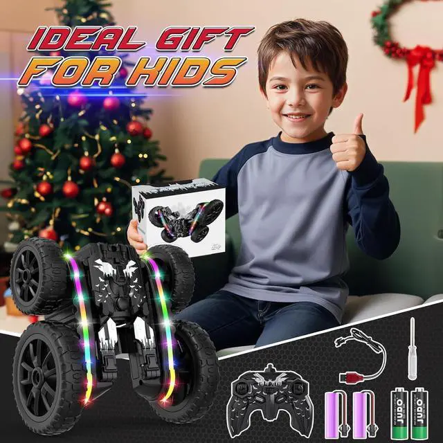 Alt view image 6 of 7 - Remote Control Car,RC Cars with Sides Light and Headlights,360°Rotating 4WD Off-Road RC Stunt Car,2.4Ghz All Terrain Toy Car for Boys Age 4-7 Kids Toy for 8-12 Boys Girls Birthday Gift(Black)