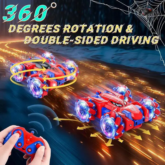 Alt view image 5 of 7 - Spider Remote Control Car, 2.4Ghz RC Cars with Headlight Double Sided Off-Road 360° Rotating RC Drift Car, Rechargeable Indoor Outdoor 4WD RC Stunt Car Spider Toys for Boys 4-6 5-7 8-13