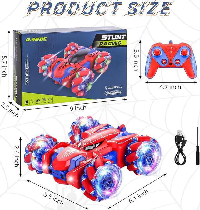 Alt view image 6 of 7 - Spider Remote Control Car, 2.4Ghz RC Cars with Headlight Double Sided Off-Road 360° Rotating RC Drift Car, Rechargeable Indoor Outdoor 4WD RC Stunt Car Spider Toys for Boys 4-6 5-7 8-13