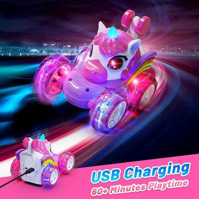 Alt view image 4 of 7 - Carsky Remote Control Car RC Stunt Cars for Girl 360°Stunt Rotation 4WD Remote Cars for Kids 3-6 Double Sided RC Car with LED Lights,2.4GHz Electric Toy Car,Birthday Gift for 3 4 5 6 Year Old Girl