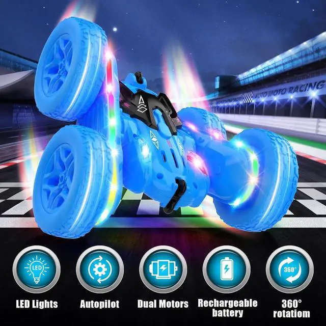 Alt view image 2 of 7 - Remote Control Car,RC Cars with Sides Light Strip and Headlights,Double Sided 360 Flips Rotating RC Stunt Car,2.4Ghz All Terrain Toys for Ages 4-6 Kids Toy for Boys Girls Birthday Gift(Blue)