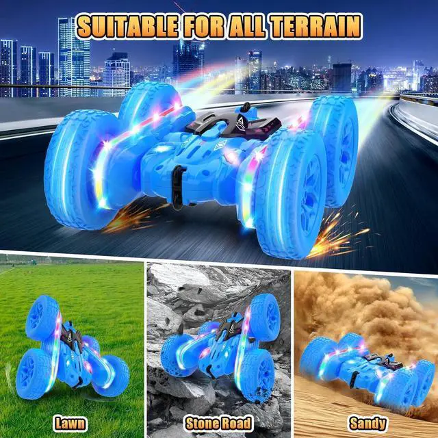 Alt view image 4 of 7 - Remote Control Car,RC Cars with Sides Light Strip and Headlights,Double Sided 360 Flips Rotating RC Stunt Car,2.4Ghz All Terrain Toys for Ages 4-6 Kids Toy for Boys Girls Birthday Gift(Blue)