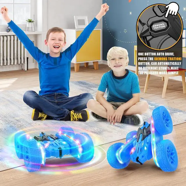Alt view image 5 of 7 - Remote Control Car,RC Cars with Sides Light Strip and Headlights,Double Sided 360 Flips Rotating RC Stunt Car,2.4Ghz All Terrain Toys for Ages 4-6 Kids Toy for Boys Girls Birthday Gift(Blue)