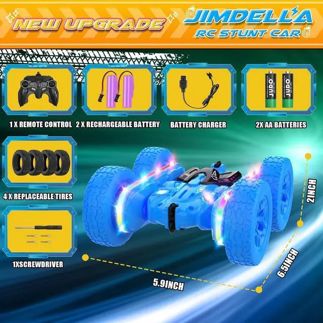 Alt view image 7 of 7 - Remote Control Car,RC Cars with Sides Light Strip and Headlights,Double Sided 360 Flips Rotating RC Stunt Car,2.4Ghz All Terrain Toys for Ages 4-6 Kids Toy for Boys Girls Birthday Gift(Blue)