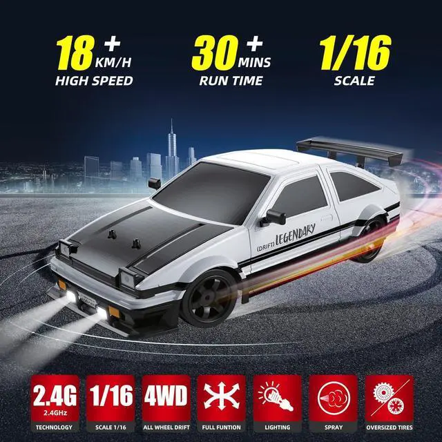 Alt view image 2 of 7 - RC Drift Car 2.4GHz 1:16 Scale 4WD High Speed Remote Control Cars Vehicle with LED Lights Two Batteries and Drifting Tires Racing Sport Toy Cars for Adults Boys Girls Kids