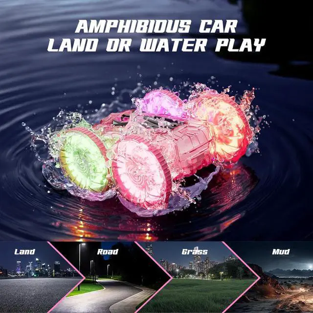 Alt view image 2 of 7 - Amphibious Remote Control Car for Water or Land Play, RC Car for Kids Girls with LED Lights 4WD Stunt Car Pink Pool Toys with 70/36Minutes Play 2Batteries,360°Rotation,180°Flip,2.4GHz Remote