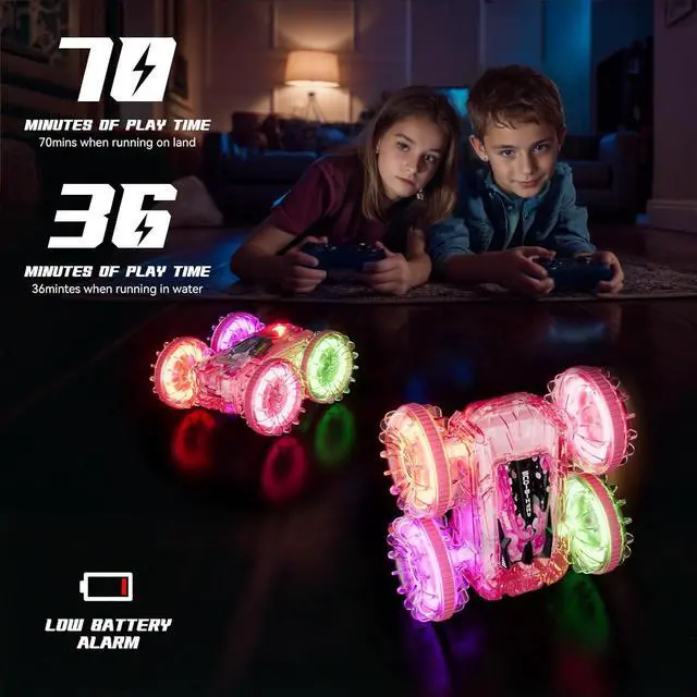 Alt view image 5 of 7 - Amphibious Remote Control Car for Water or Land Play, RC Car for Kids Girls with LED Lights 4WD Stunt Car Pink Pool Toys with 70/36Minutes Play 2Batteries,360°Rotation,180°Flip,2.4GHz Remote