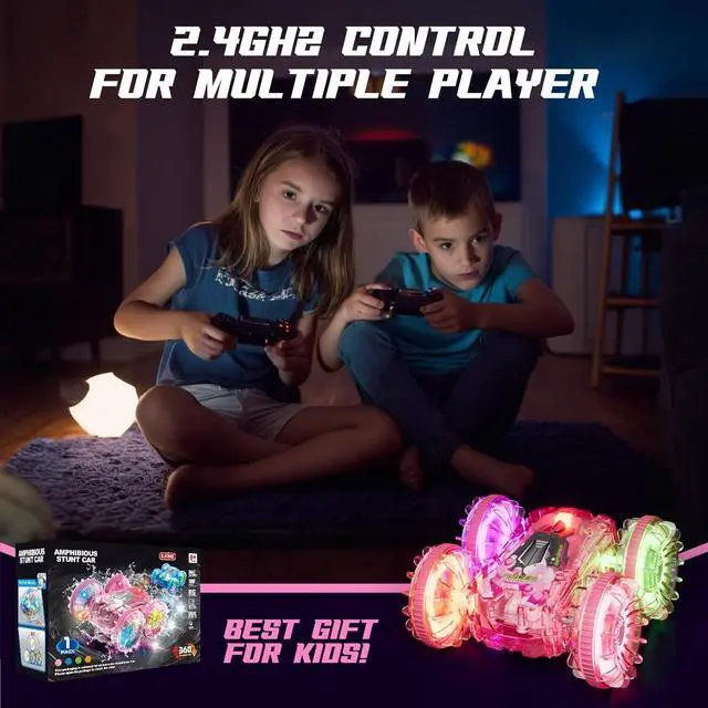 Alt view image 6 of 7 - Amphibious Remote Control Car for Water or Land Play, RC Car for Kids Girls with LED Lights 4WD Stunt Car Pink Pool Toys with 70/36Minutes Play 2Batteries,360°Rotation,180°Flip,2.4GHz Remote