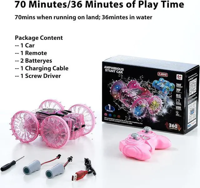 Alt view image 7 of 7 - Amphibious Remote Control Car for Water or Land Play, RC Car for Kids Girls with LED Lights 4WD Stunt Car Pink Pool Toys with 70/36Minutes Play 2Batteries,360°Rotation,180°Flip,2.4GHz Remote