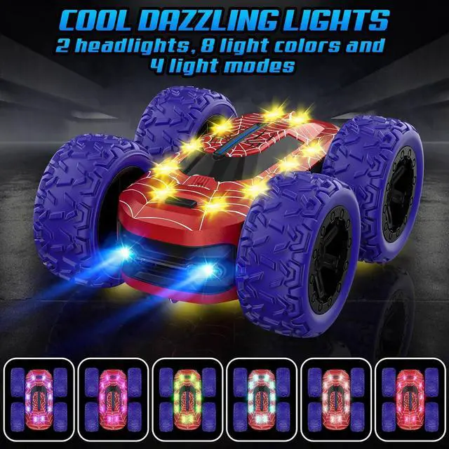 Alt view image 3 of 6 - Remote Control Car for Boys, RC Cars for Kids with Colorful LED Lights, 2.4Ghz Double Sided 360° Flips 4WD Stunt Car, Rechargeable Toy Cars for Boys Girls Ages 4-6 5-7 6-8 8-12 Birthday Gift