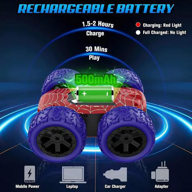 Alt view image 4 of 6 - Remote Control Car for Boys, RC Cars for Kids with Colorful LED Lights, 2.4Ghz Double Sided 360° Flips 4WD Stunt Car, Rechargeable Toy Cars for Boys Girls Ages 4-6 5-7 6-8 8-12 Birthday Gift